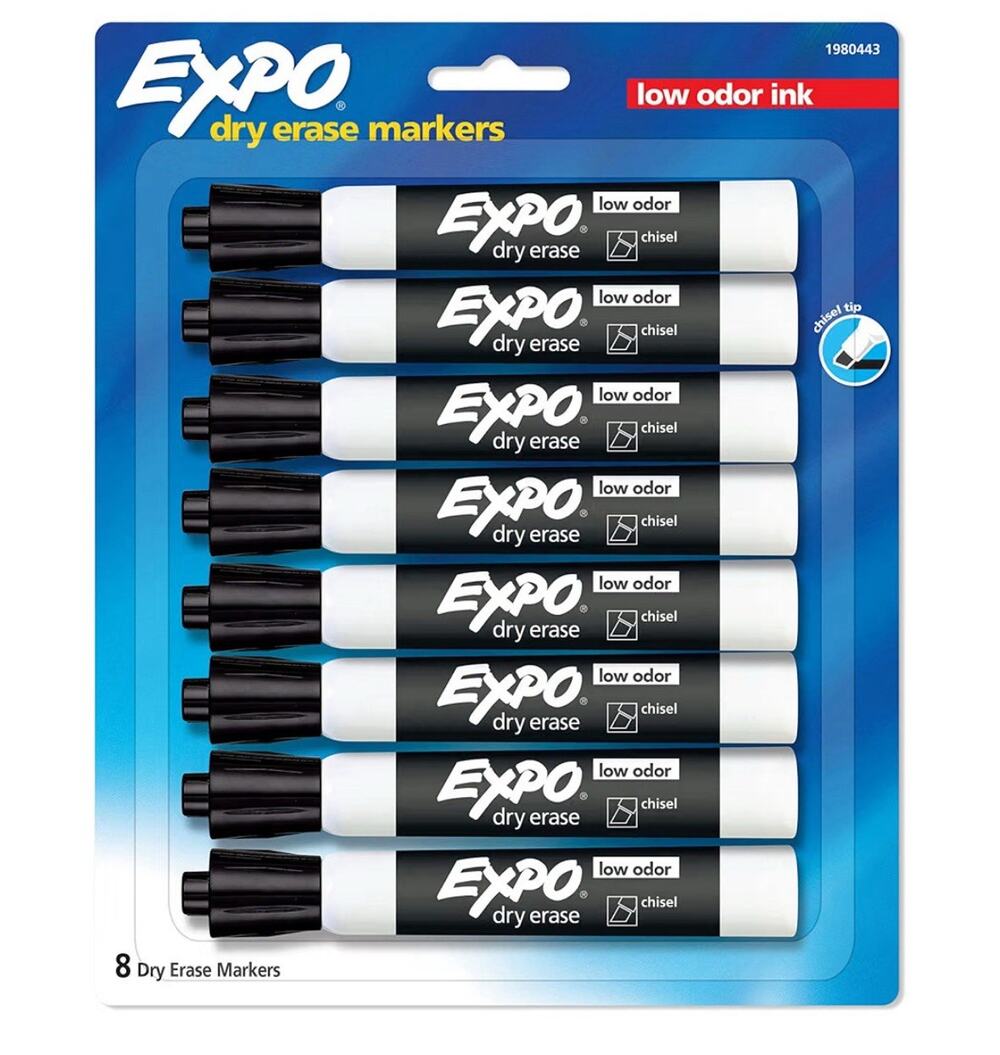 EXPO Low-Odor Dry Erase Markers, Chisel Tip, Black, 8-Count New